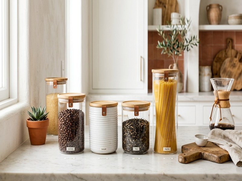 Tinzore Kitchen canisters on an organized pantry shelf